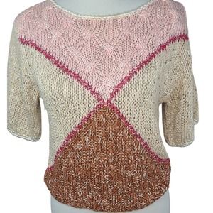 Vintage Short Sleeve Sweater Top Hand Knit Large 1980s Pink Brown Linen Cotton
